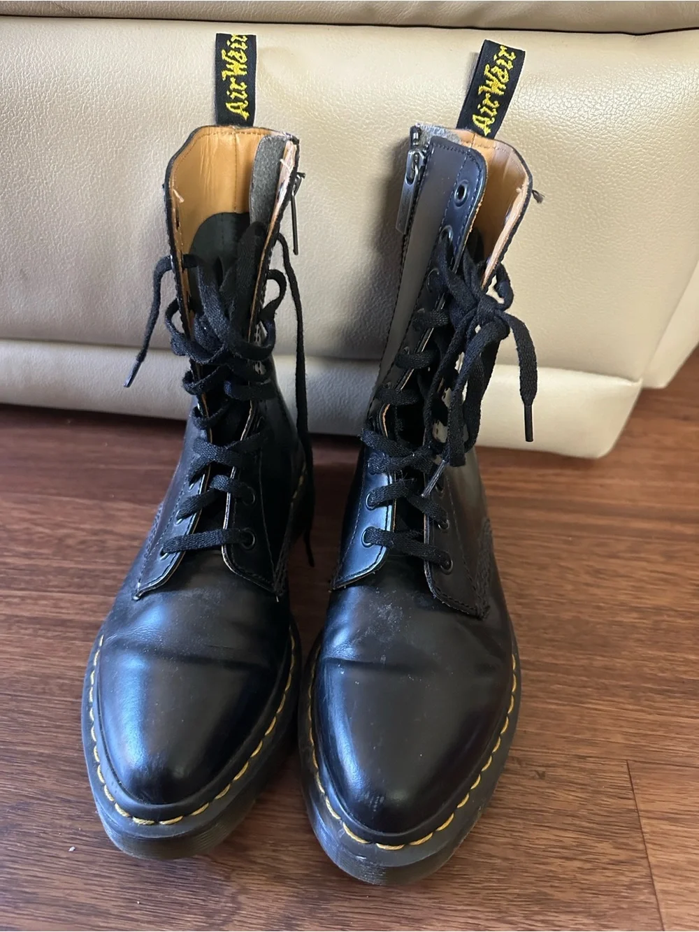 Dr. Martens Black  Lace-Up Boots with Yellow Stitching Sz 7